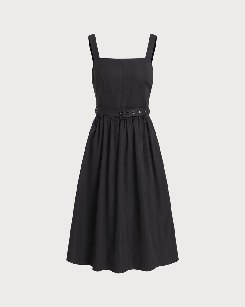 Black Square Neck Ruched Slip Midi Dress