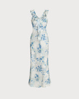 Blue Floral Ruffle V Neck Sleeveless Midi Dress