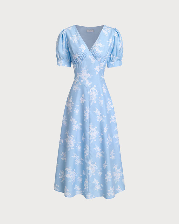 Blue Floral Puffed Sleeve Ruched Midi Dress