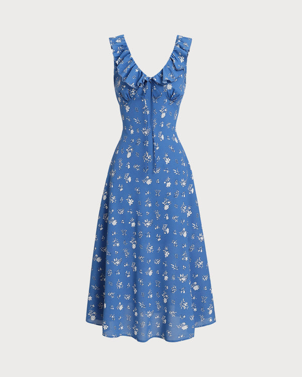 Blue Floral Ruffle Sleeveless Midi Dress