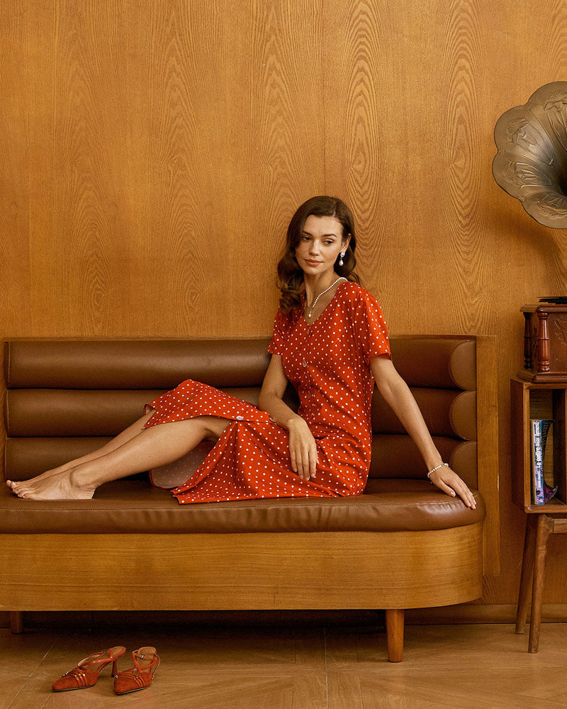 Red Polka Dot Button Midi Dress