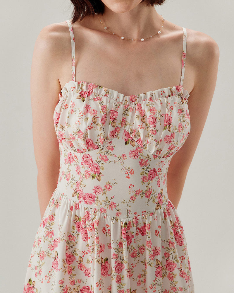 Pink Floral Sweetheart Neck Shirred Slip Midi Dress