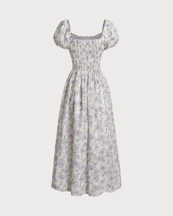 Purple Floral Square Neck Puffed Sleeve Midi Dress