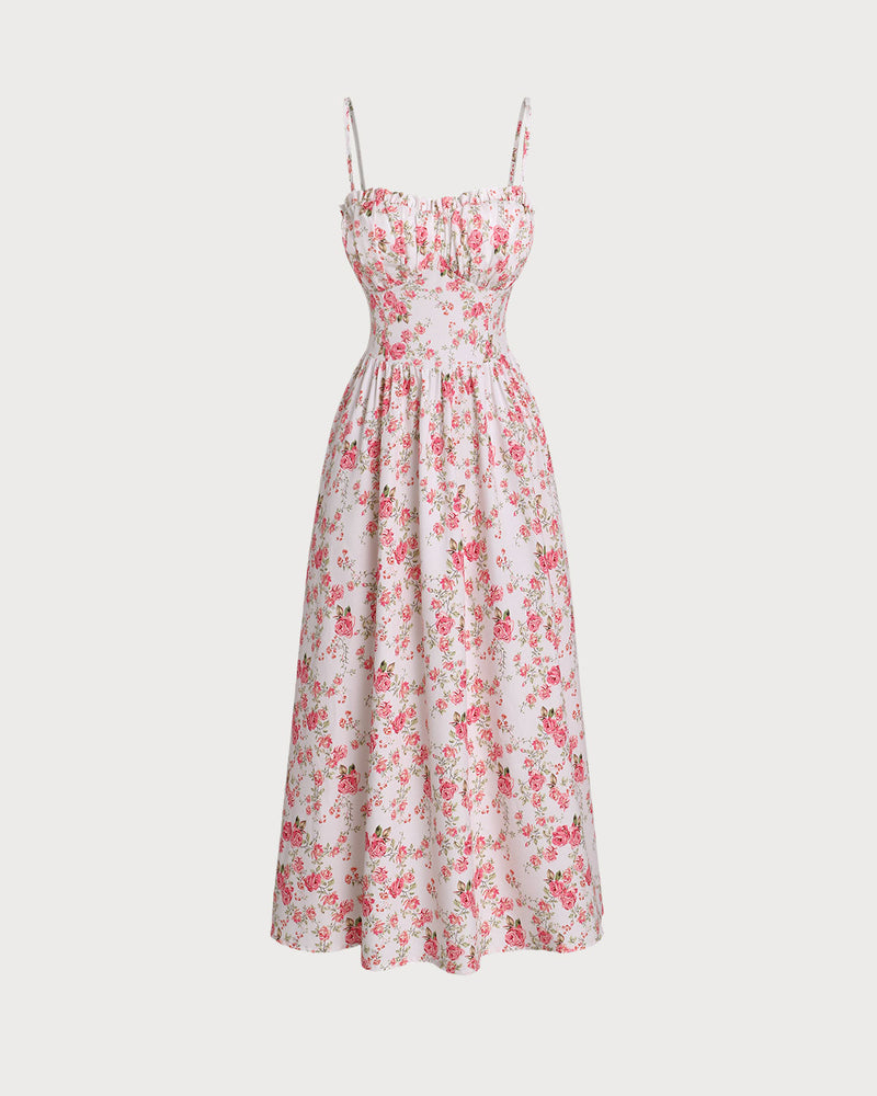 Pink Floral Sweetheart Neck Shirred Slip Midi Dress