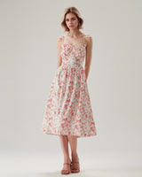 Pink Floral Sweetheart Neck Shirred Slip Midi Dress