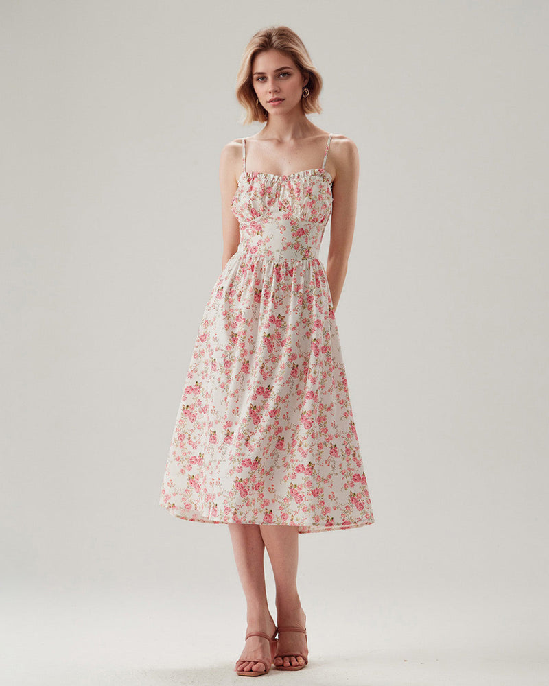 Pink Floral Sweetheart Neck Shirred Slip Midi Dress