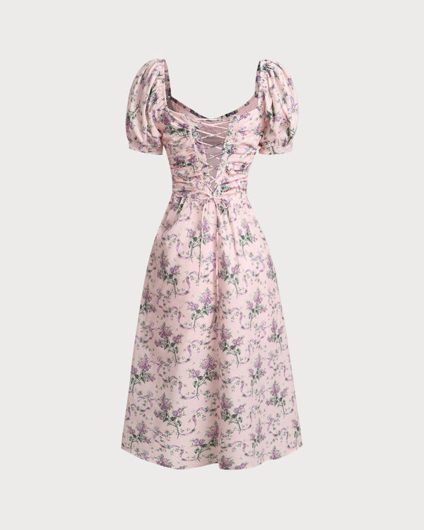 Pink Floral Sweetheart Neck Midi Dress