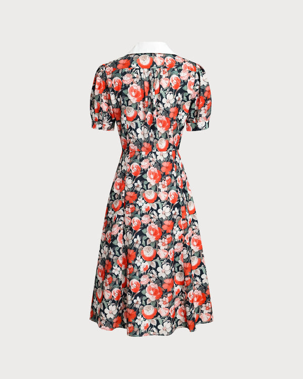 Black Floral Contrast Midi Dress