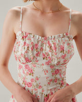 Pink Floral Sweetheart Neck Shirred Slip Midi Dress