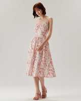 Pink Floral Sweetheart Neck Shirred Slip Midi Dress