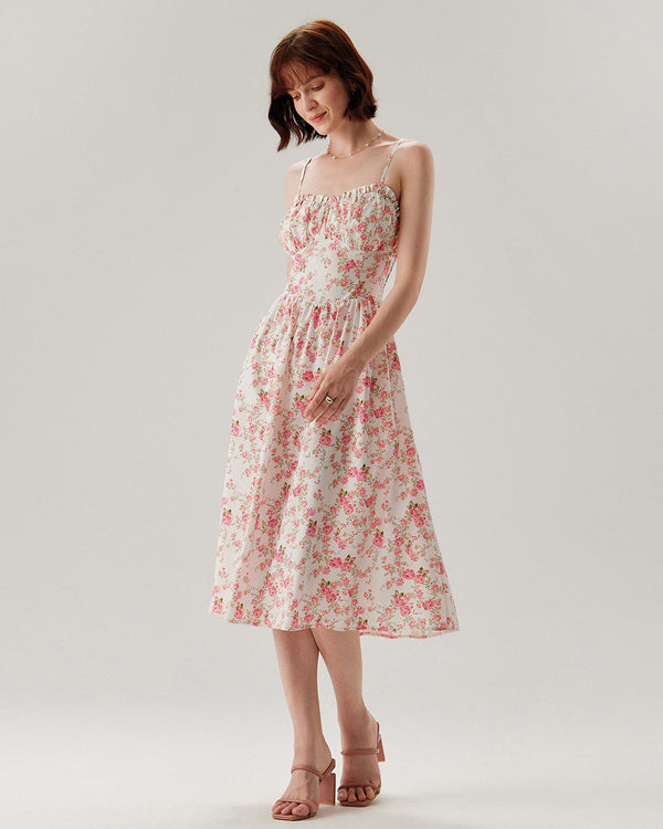Pink Floral Sweetheart Neck Shirred Slip Midi Dress