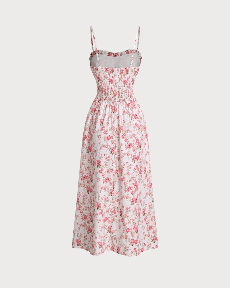 Pink Floral Sweetheart Neck Shirred Slip Midi Dress