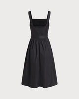 Black Square Neck Ruched Slip Midi Dress