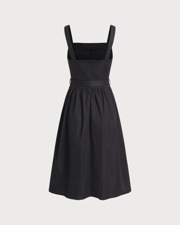 Black Square Neck Ruched Slip Midi Dress