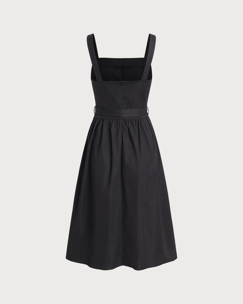 Black Square Neck Ruched Slip Midi Dress