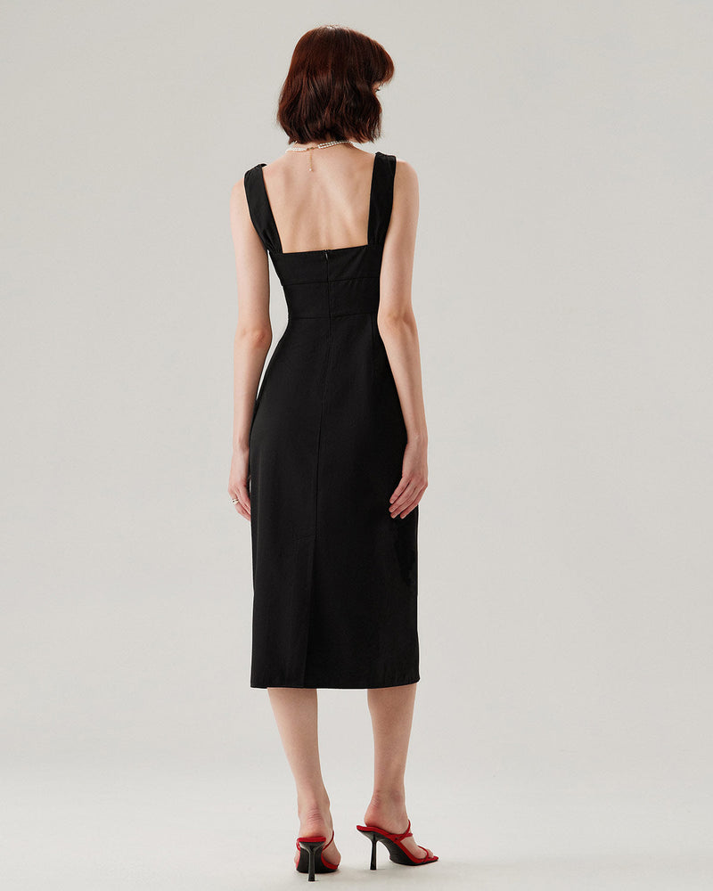 Black Ruffle Ruched Slip Midi Dress