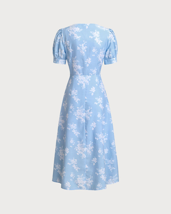 Blue Floral Puffed Sleeve Ruched Midi Dress