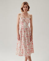 Pink Floral Sweetheart Neck Shirred Slip Midi Dress
