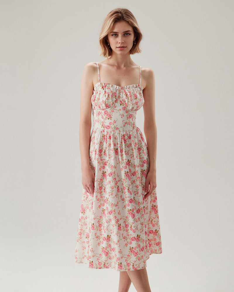 Pink Floral Sweetheart Neck Shirred Slip Midi Dress