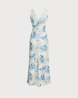 Blue Floral Ruffle V Neck Sleeveless Midi Dress