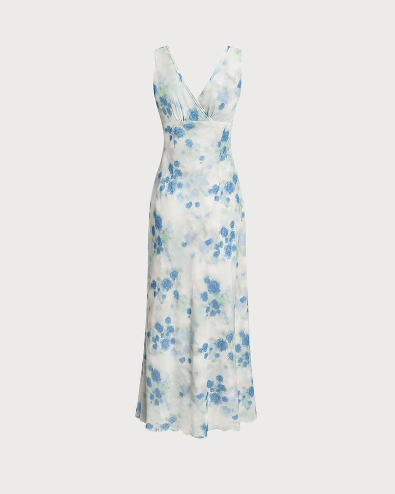 Blue Floral Ruffle V Neck Sleeveless Midi Dress