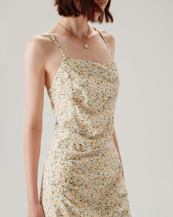 Yellow Floral Ruched Slip Midi Dress
