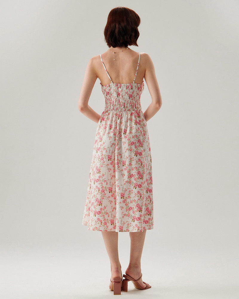 Pink Floral Sweetheart Neck Shirred Slip Midi Dress