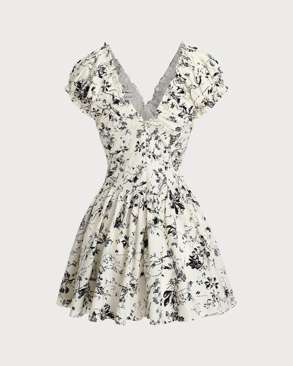 White Floral Ruched V Neck Mini Dress