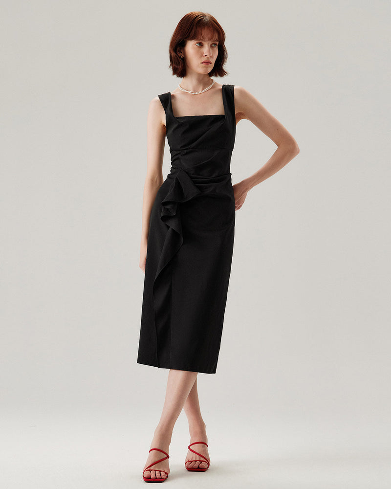 Black Ruffle Ruched Slip Midi Dress