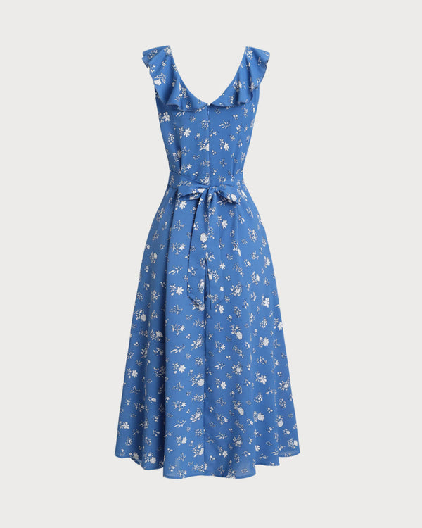 Blue Floral Ruffle Sleeveless Midi Dress
