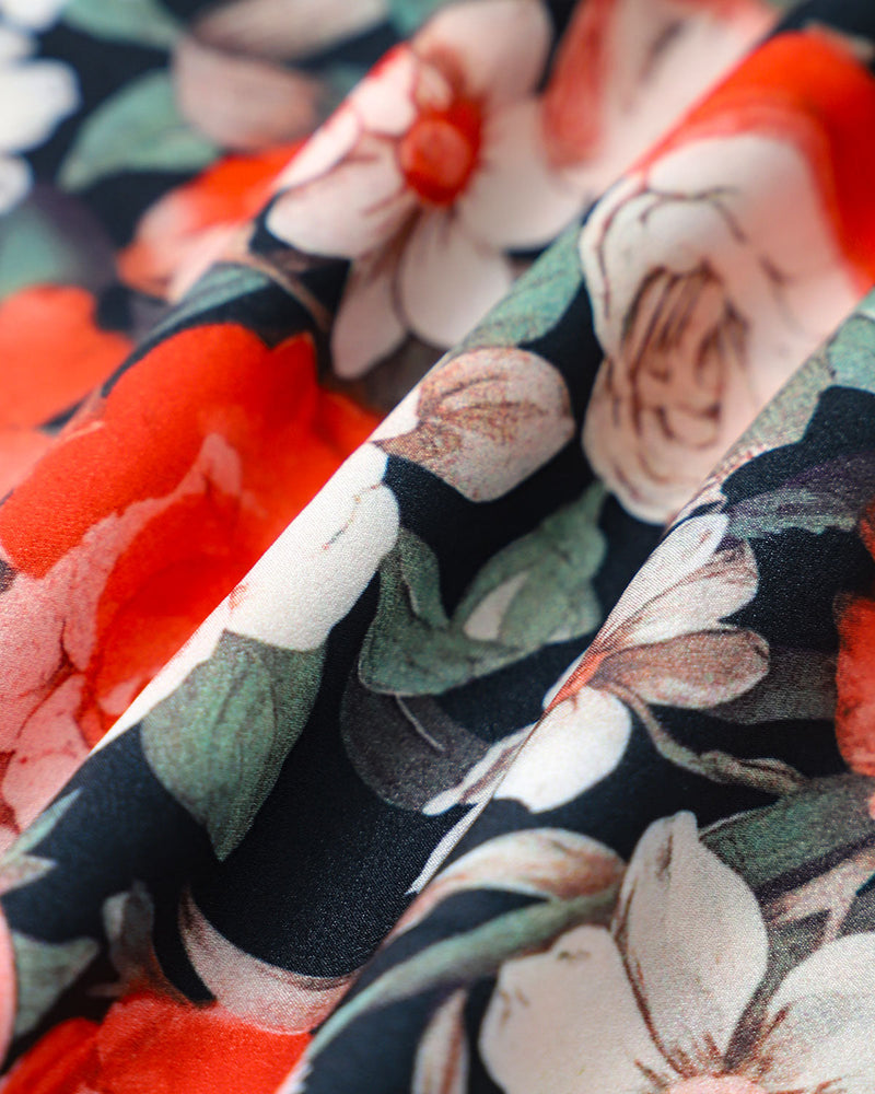 Black Floral Contrast Midi Dress