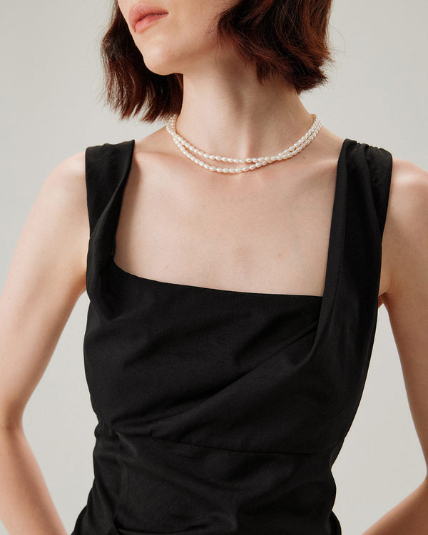 Black Ruffle Ruched Slip Midi Dress