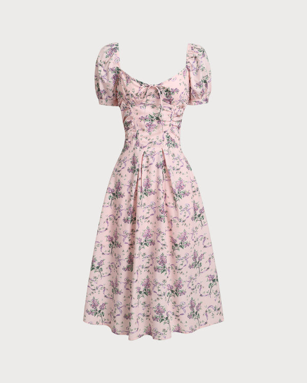 Pink Floral Sweetheart Neck Midi Dress