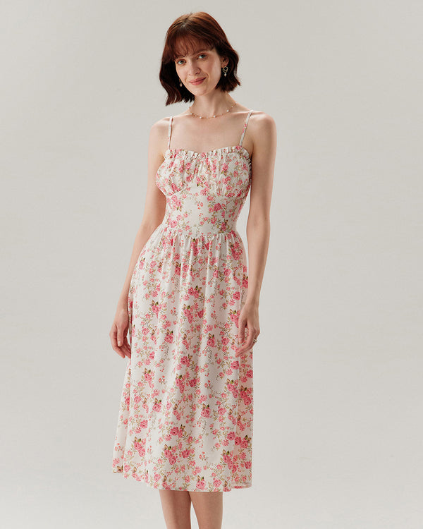 Pink Floral Sweetheart Neck Shirred Slip Midi Dress