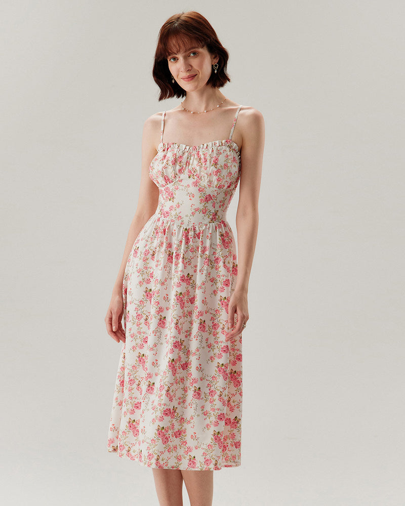 Pink Floral Sweetheart Neck Shirred Slip Midi Dress