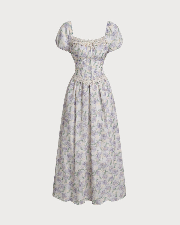 Purple Floral Square Neck Puffed Sleeve Midi Dress