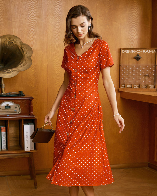 Red Polka Dot Button Midi Dress
