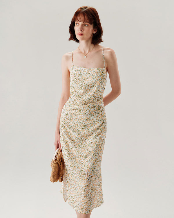 Yellow Floral Ruched Slip Midi Dress