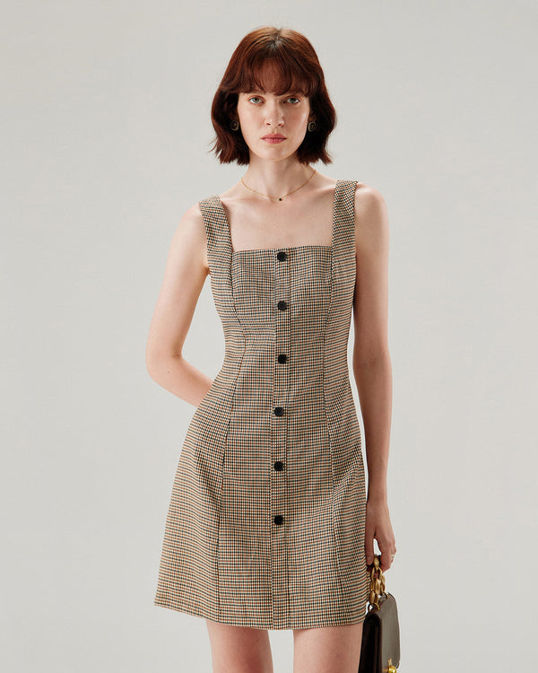 Brown Plaid Button Slip Mini Dress