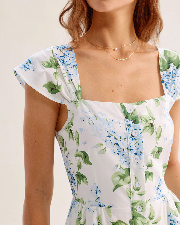 White Floral Square Neck Mini Dress