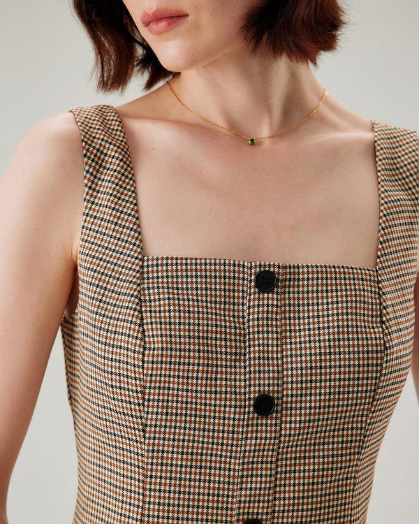 Brown Plaid Button Slip Mini Dress