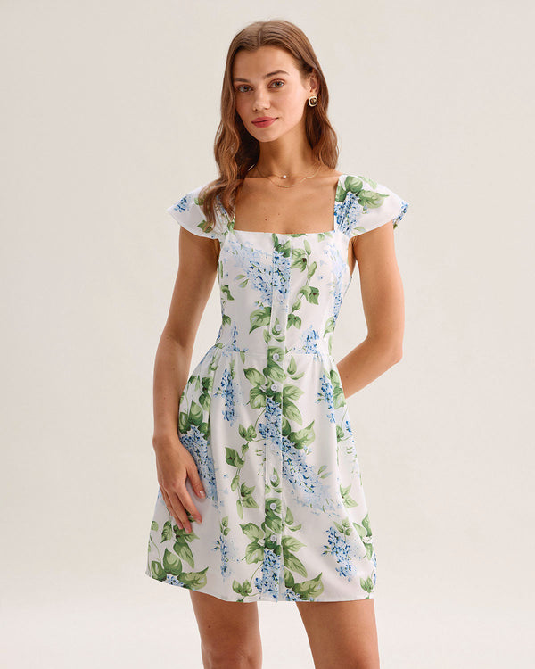 White Floral Square Neck Mini Dress
