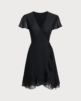 Black V Neck Chiffon Mini Dress