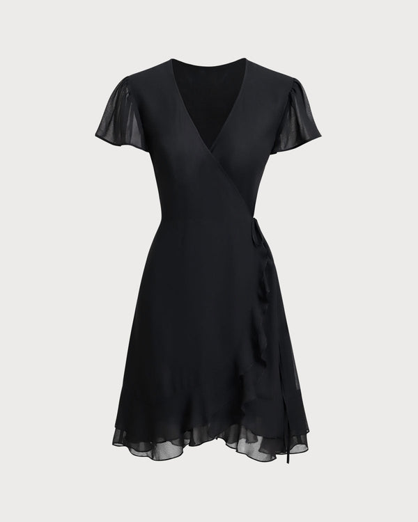 Black V Neck Chiffon Mini Dress