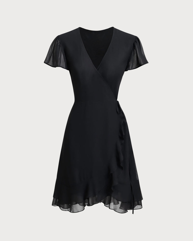 Black V Neck Chiffon Mini Dress
