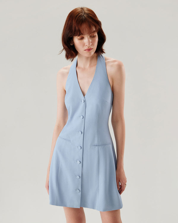 Blue Button Pocket Halter Mini Dress