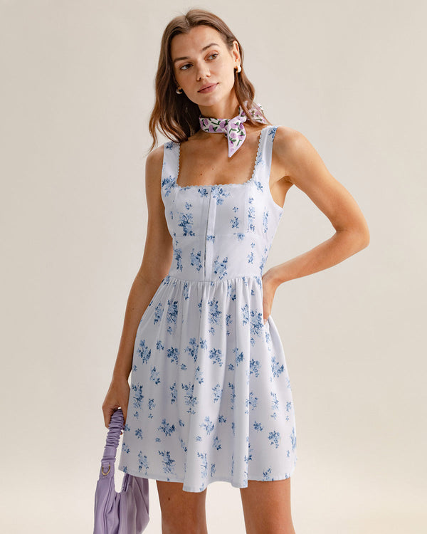 Blue Floral Square Neck Slip Mini Dress