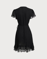 Black V Neck Chiffon Mini Dress