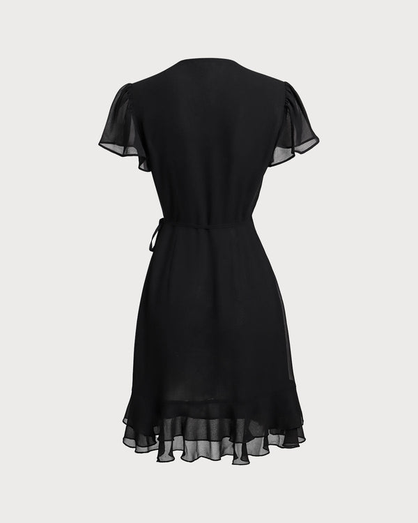 Black V Neck Chiffon Mini Dress