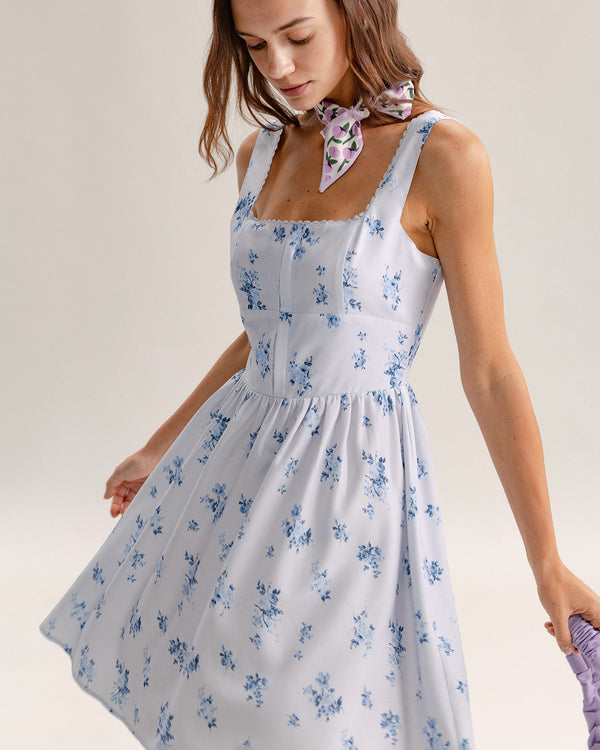 Blue Floral Square Neck Slip Mini Dress